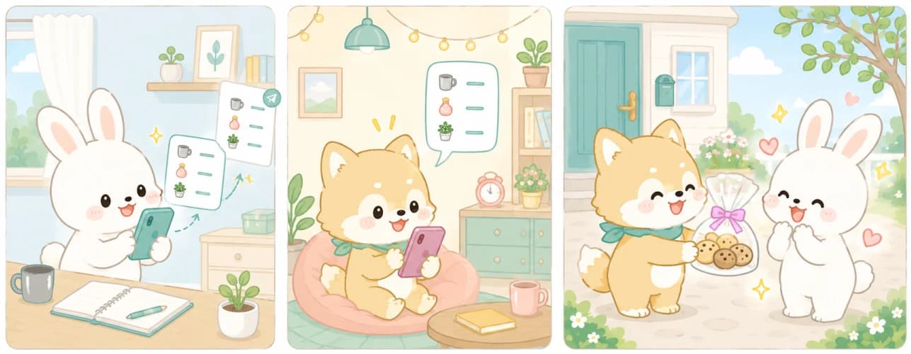 ニガテを共有したカードを見て、相手に合う贈り物を選んで喜ばれている様子